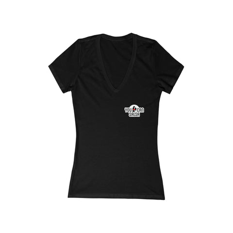 Woman's 'You Can Salsa White Logo' Fitted V-Neck