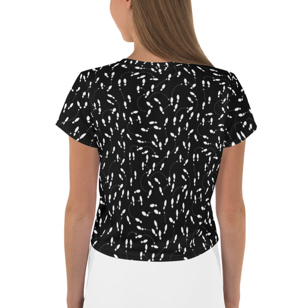 Woman's Black Shoe Print Crop Tee